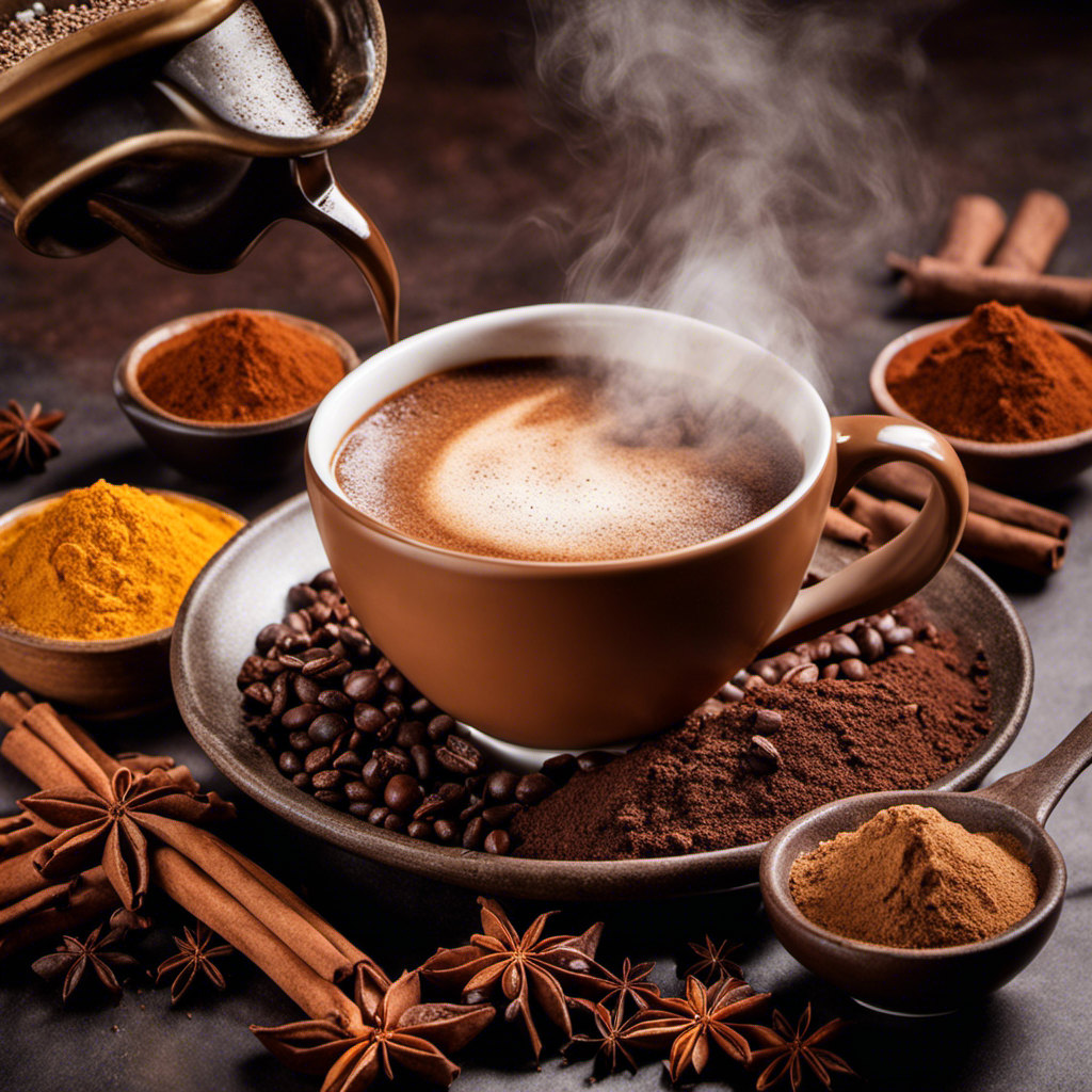 An image showcasing a steaming cup of freshly brewed coffee being poured into a mixing bowl filled with flour, cocoa powder, and sugar, surrounded by a variety of aromatic spices like cinnamon and nutmeg