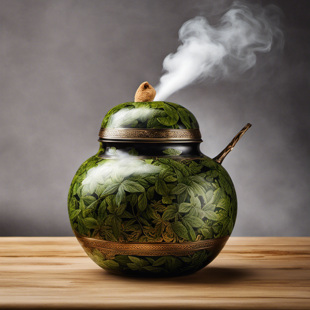 An image that captures the essence of yerba mate's vibrant flavor: a steaming gourd filled with earthy green leaves, surrounded by delicate wisps of smoke, exuding an invigorating aroma that dances in the air