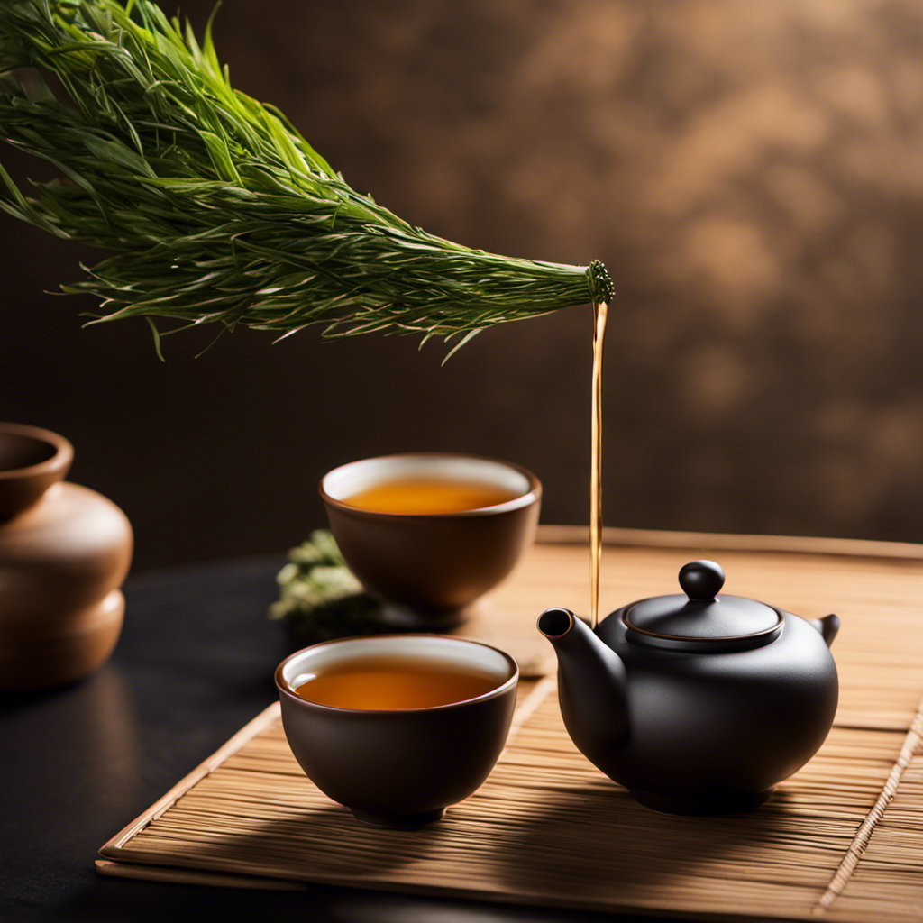 An image showcasing a serene, minimalist tea ceremony: a clay teapot pouring steaming water into a teacup, while delicate, hand-rolled Oolong tea leaves unfurl gracefully in the clear, amber liquid