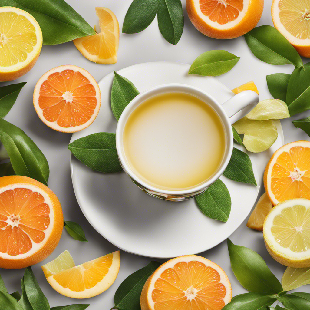 An image showcasing a freshly brewed cup of Oolong tea, enveloped in delicate steam, with vibrant slices of citrus fruits adorning the rim, highlighting the abundant Vitamin C content