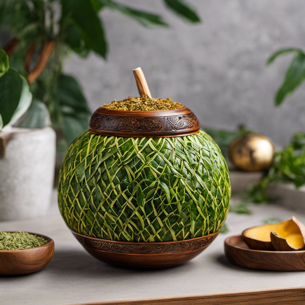 An image showcasing a vibrant, handcrafted gourd filled with rich, green yerba mate leaves, surrounded by a delicate, wooden bombilla, inviting readers to explore the ancient and healing tradition of the yerba mate cure