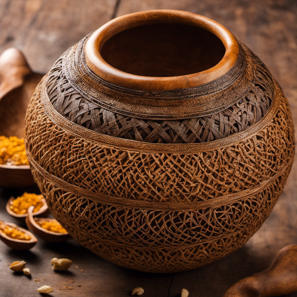 An image showcasing the intricate craftsmanship of a traditional Yerba Mate gourd