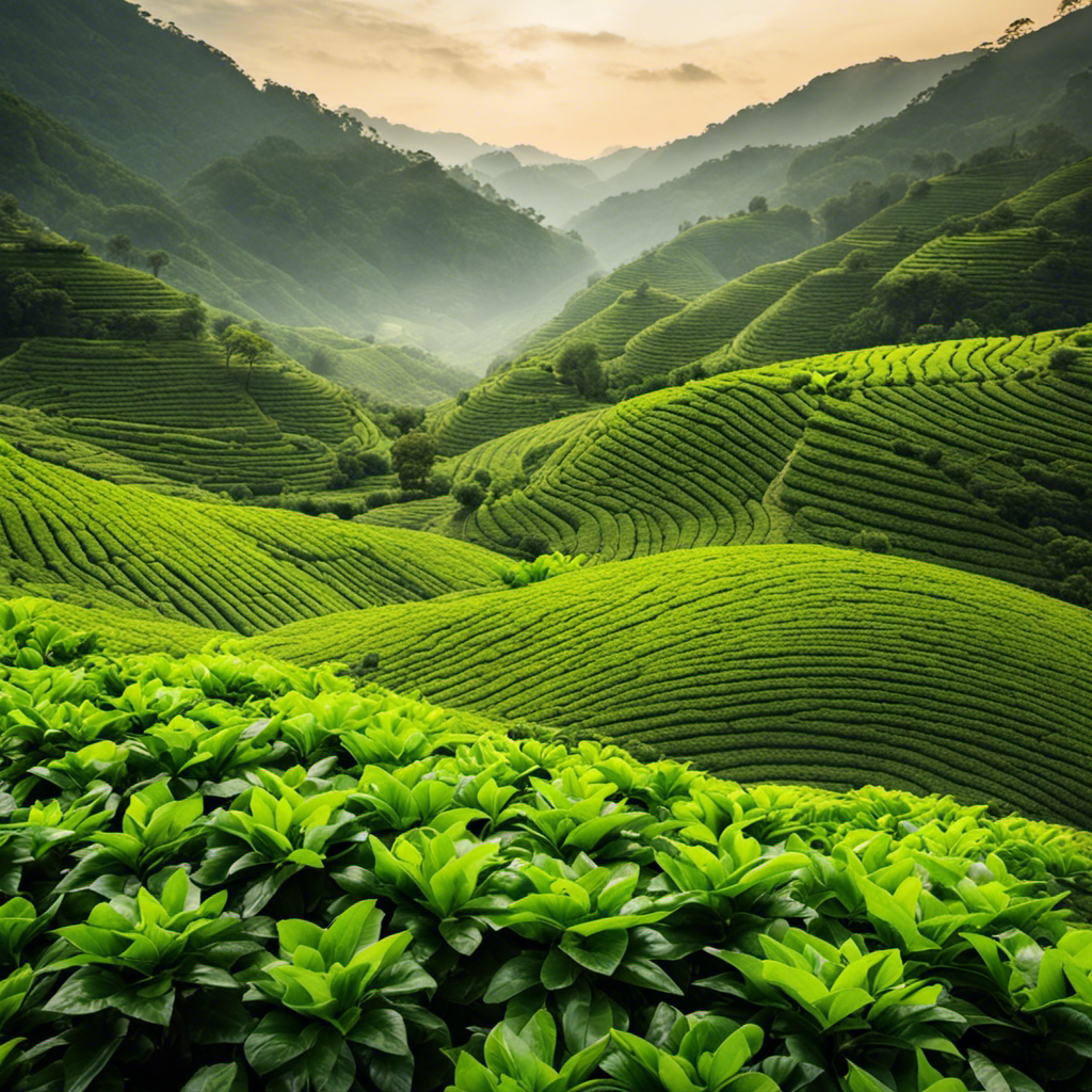 An image showcasing a vibrant, lush tea plantation with meticulously hand-picked oolong leaves