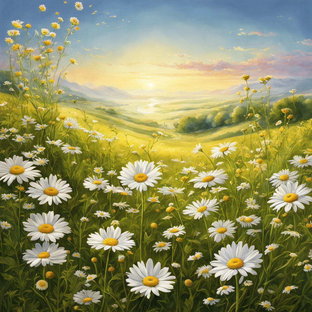 An image showcasing a serene, sunlit meadow with vibrant camomile flowers in full bloom