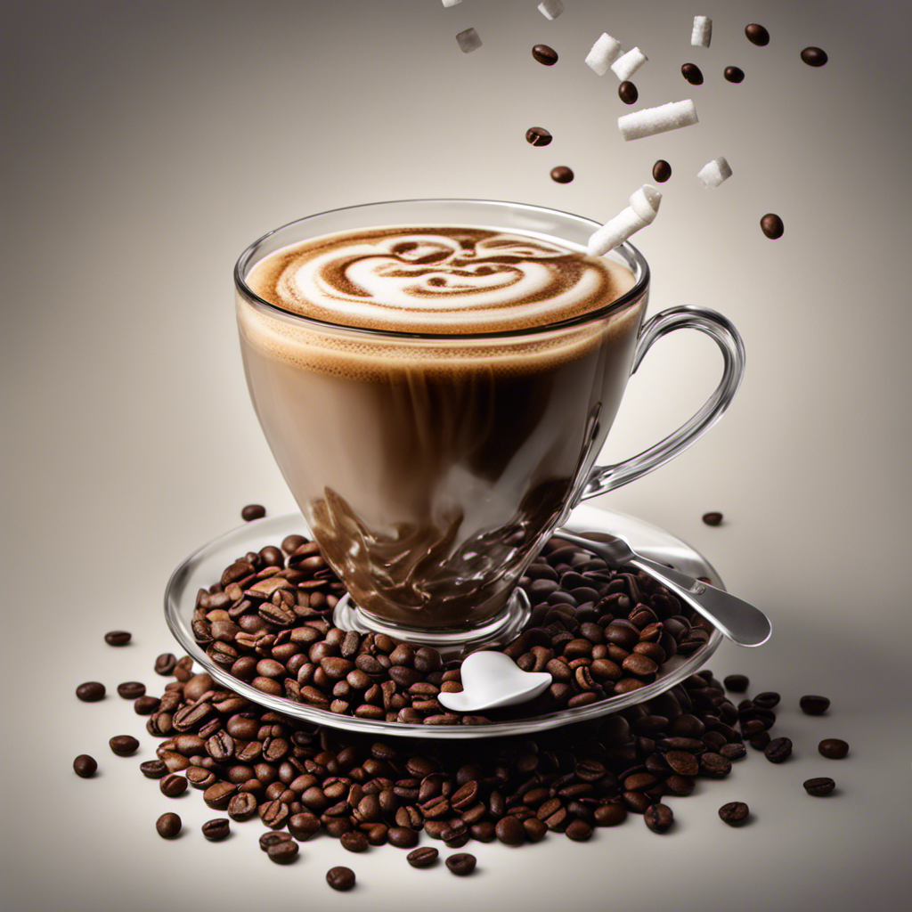 An image showcasing a steaming cup of coffee filled with hidden shadows of sugar cubes, cream swirls, and a syringe symbolizing caffeine addiction, highlighting the unhealthy aspects of coffee consumption