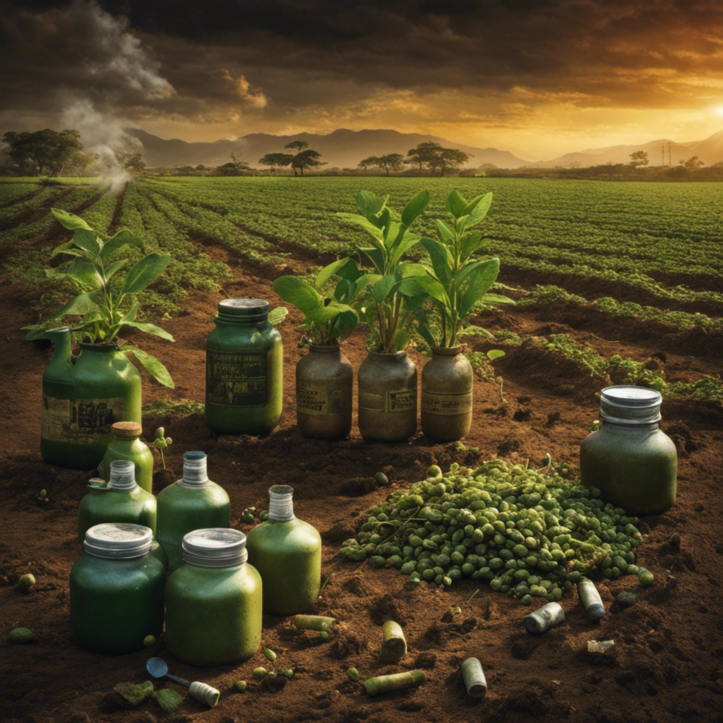 An image depicting a withered Yerba Mate plant surrounded by pesticide bottles, symbolizing the detrimental effects of chemical use