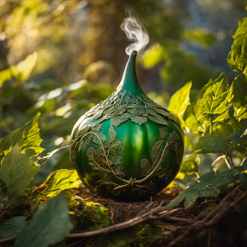 An image of a vibrant green gourd, filled with steaming yerba mate, surrounded by delicate leaves and twigs