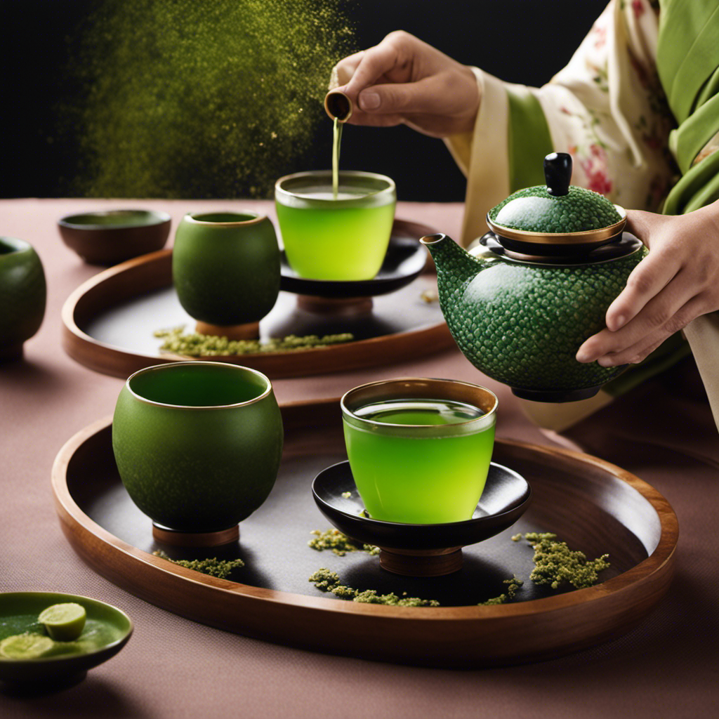 An image featuring a traditional Japanese tea ceremony with a beautifully adorned tea set, where a vibrant green beverage, resembling yerba mate, is being poured into delicate cups by a kimono-clad host