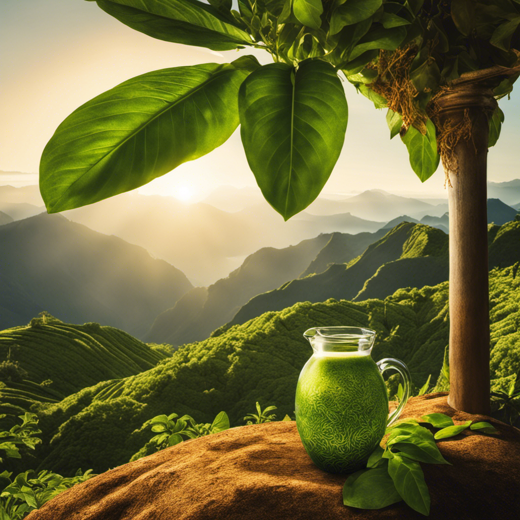An image showcasing a lush green landscape with a tall, vibrant Yerba Mate plant in the foreground