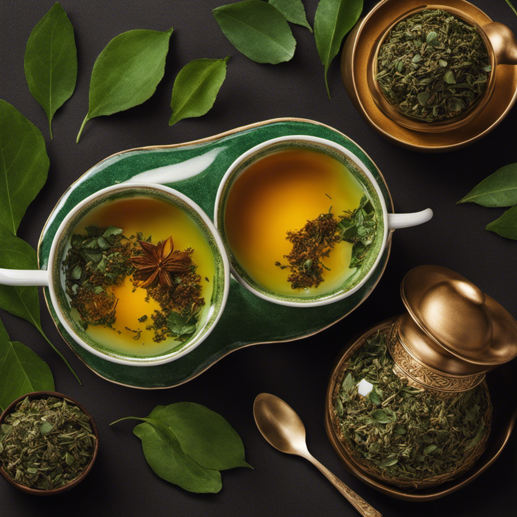 An image showcasing two elegant ceramic teacups, one filled with vibrant green liquid, emitting a refreshing steam, and the other with rich amber essence, surrounded by crushed yerba mate leaves, exuding an earthy aroma