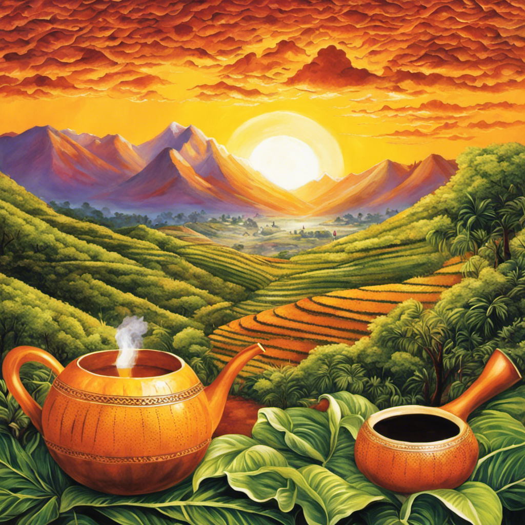 An image showcasing a vibrant, sun-drenched South American landscape, with a traditional gourd and bombilla nestled amidst lush yerba mate leaves