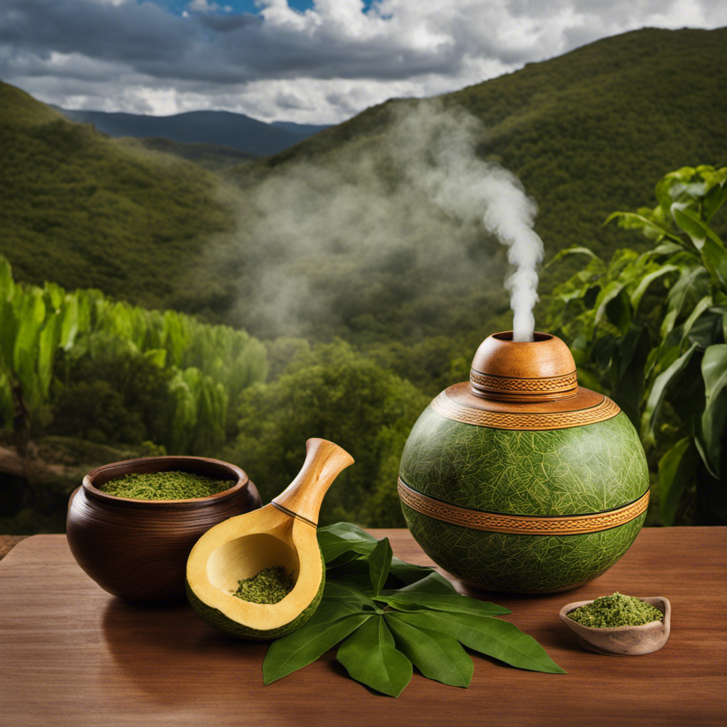 An image showcasing a steaming traditional gourd filled with vibrant green yerba mate leaves, surrounded by a serene natural landscape, capturing the essence of this revered South American herbal drink