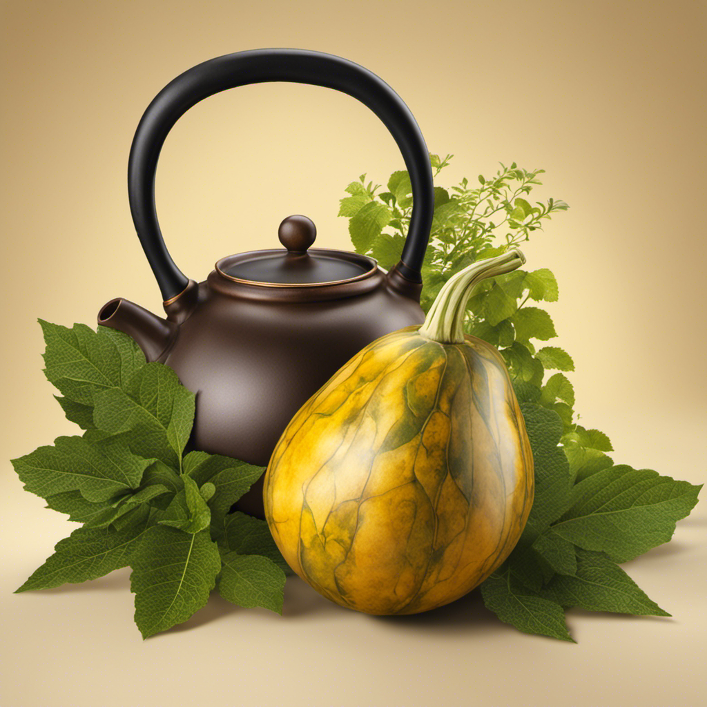 An image showcasing a traditional South American gourd filled with freshly brewed yerba mate, surrounded by vibrant green leaves
