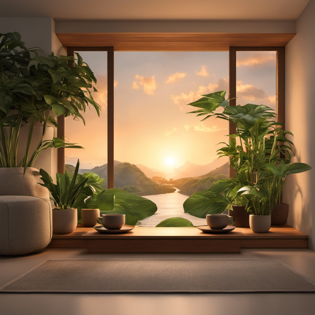 An image showcasing a serene, minimalist scene with a cup of Yogi Calming Tea gently steaming beside a peaceful meditation corner, adorned with lush green plants, a cozy blanket, and a tranquil sunset backdrop