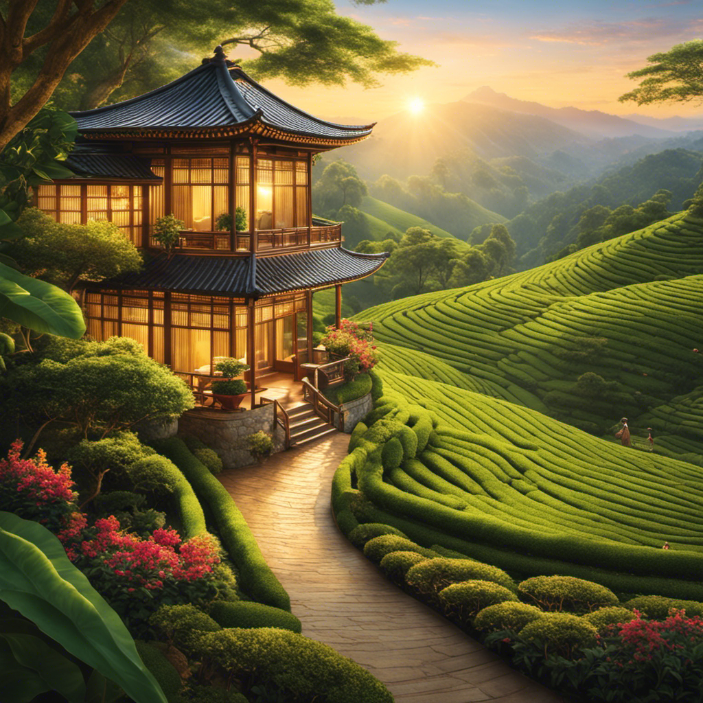 An image showcasing a serene teahouse nestled amidst lush, undulating tea gardens