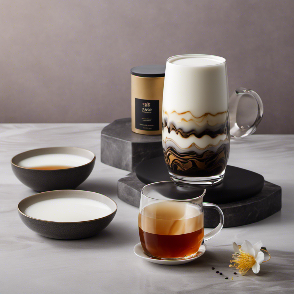 An image showcasing a tall glass filled with layers of dark, aromatic zebra-striped oolong tea blending seamlessly with creamy white milk, producing an alluring marbled effect