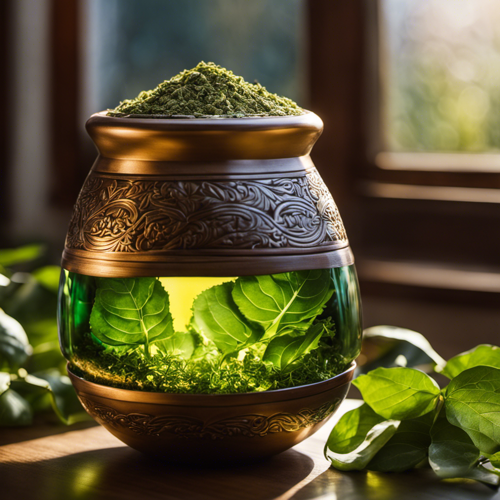 An image showcasing a vibrant, gourd-shaped yerba mate cup filled with steaming green infusion, surrounded by fresh, aromatic yerba leaves