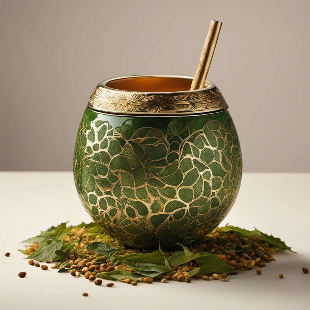 An image featuring a vibrant, gourd-shaped yerba mate cup filled with a rich green infusion, surrounded by dried yerba mate leaves and a traditional bombilla straw, evoking the essence of Argentinean culture and the invigorating nature of this beloved beverage