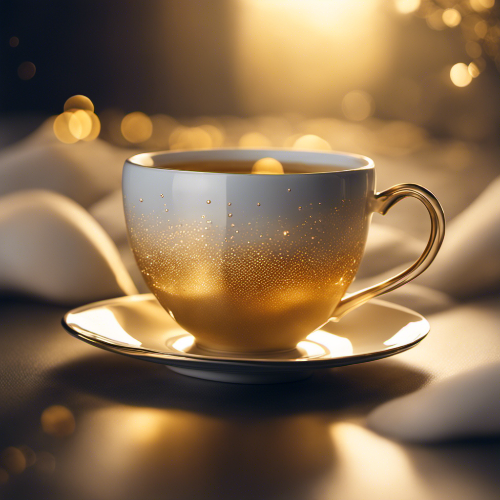 An image showcasing a delicate porcelain teacup filled with a translucent, pale golden liquid