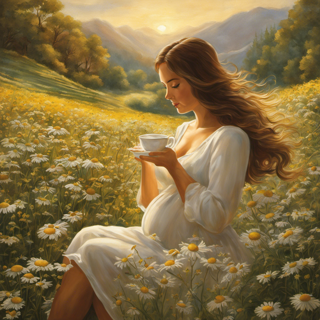An image that portrays a serene, pregnant woman pouring a steaming cup of chamomile herbal tea, with delicate chamomile flowers floating in the background, radiating a sense of warmth, comfort, and safety