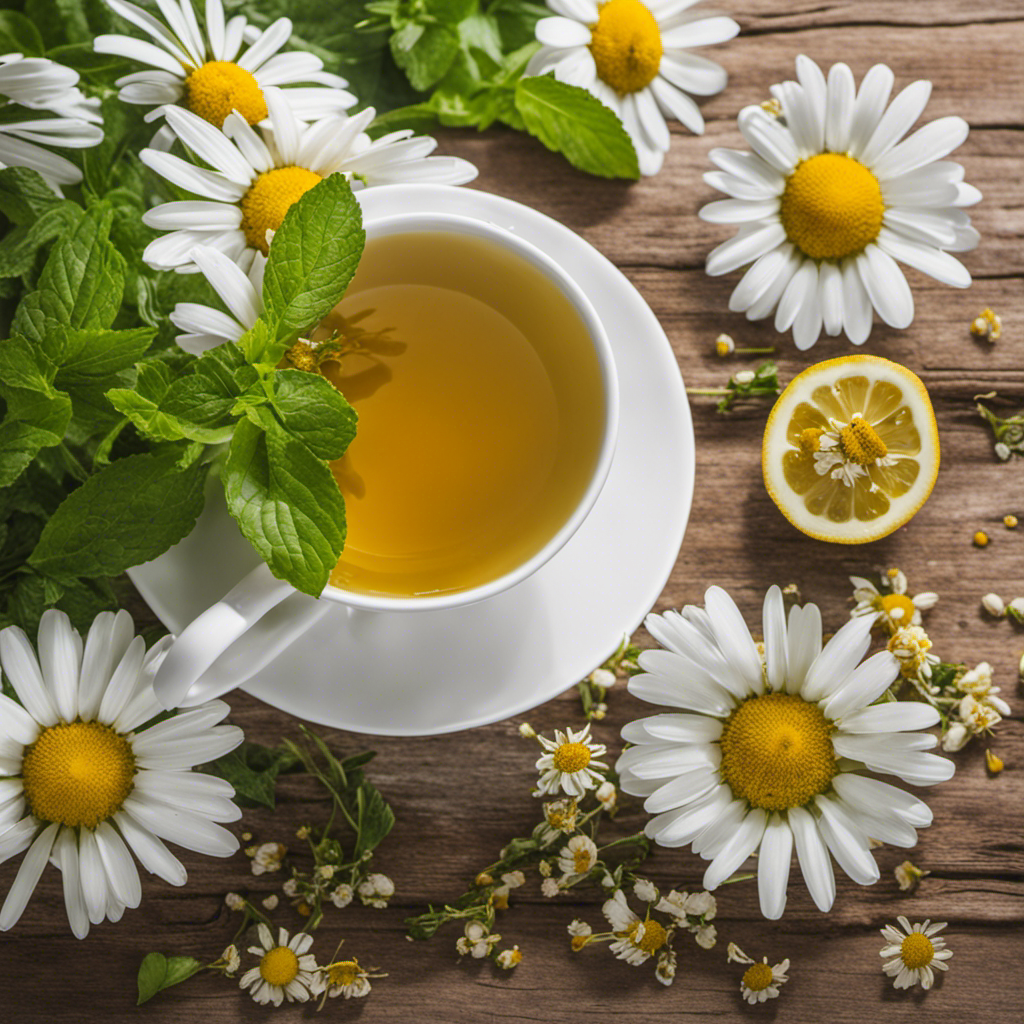 An image showcasing a warm cup of chamomile herbal tea, adorned with delicate chamomile flowers, surrounded by fresh mint leaves, and a slice of lemon, all on a wooden table