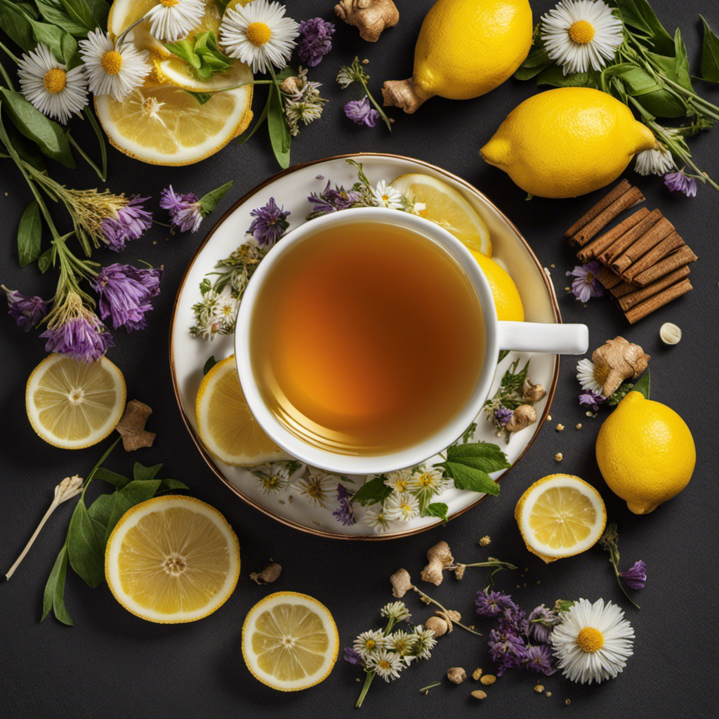 An image showcasing a steaming cup of soothing herbal tea, surrounded by a vibrant assortment of fresh ingredients like ginger, chamomile blossoms, and lemon slices, exuding a comforting aroma for relieving a sore throat