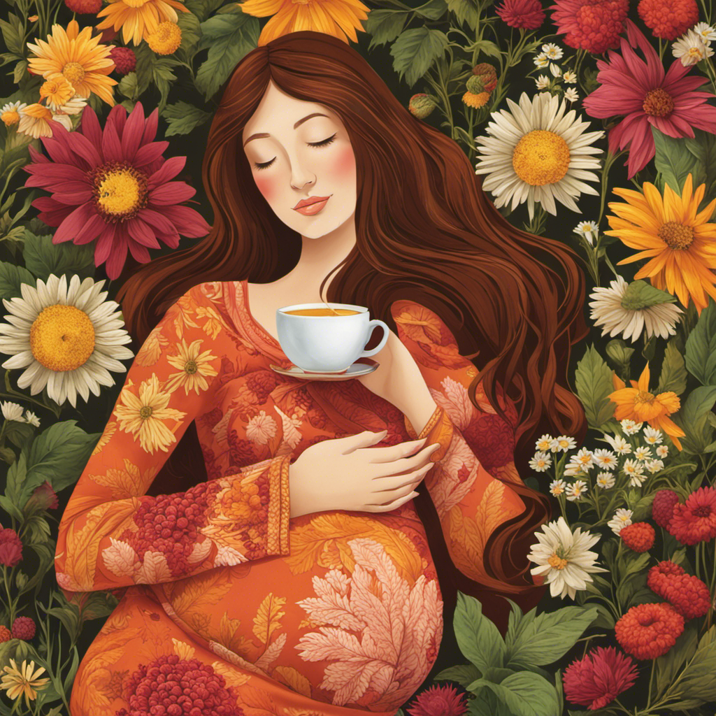 An image of a serene pregnant woman cradling a steaming cup of chamomile tea, surrounded by vibrant herbs like ginger, peppermint, and raspberry leaf