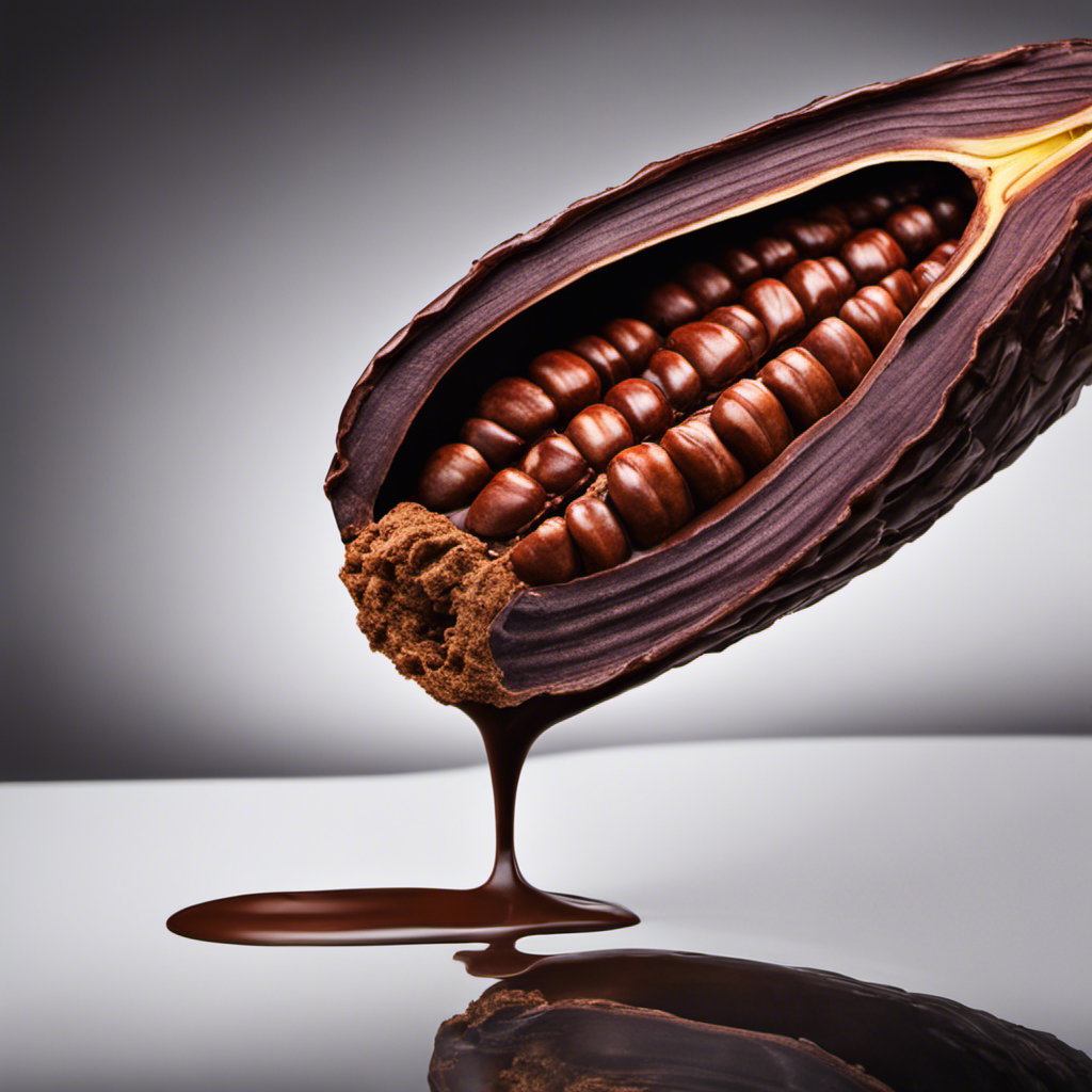 An image showcasing a close-up of a vibrant, organic cacao pod split open, revealing its luscious, deep brown beans