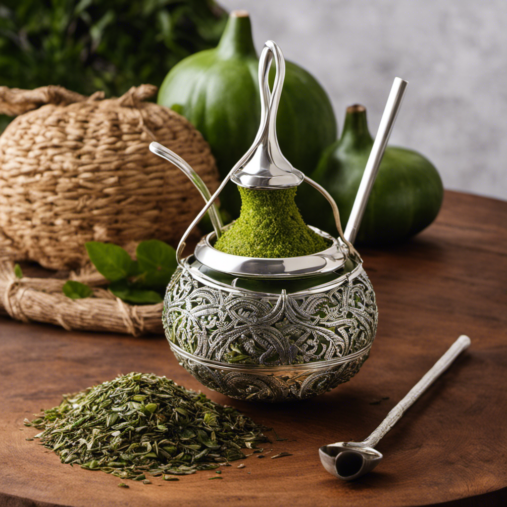 An image showcasing a traditional gourd filled with vibrant, earthy green yerba mate tea leaves, adorned with a silver bombilla straw, casting a delicate shadow against a rustic wooden table