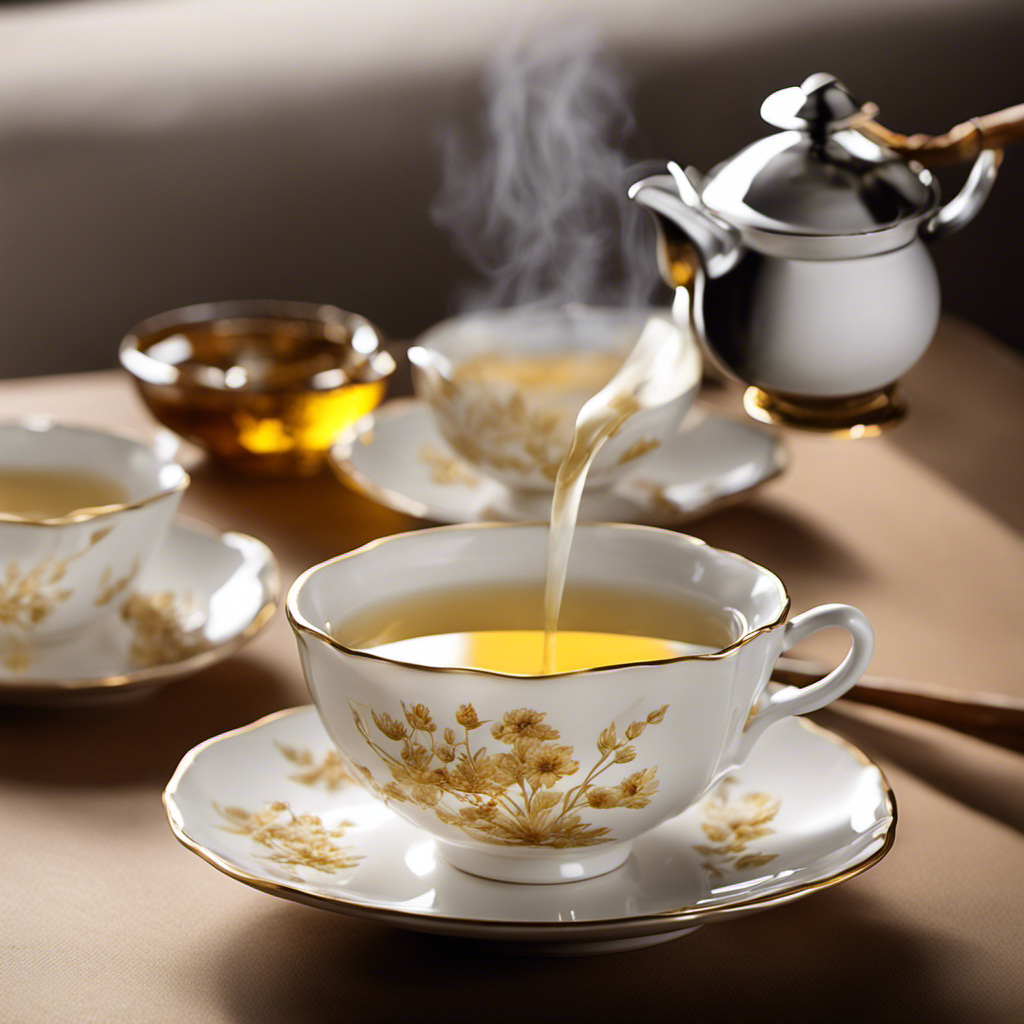 An image showcasing a freshly brewed cup of White Oolong tea, with its delicate, pale golden hue gently diffusing into a translucent porcelain teacup