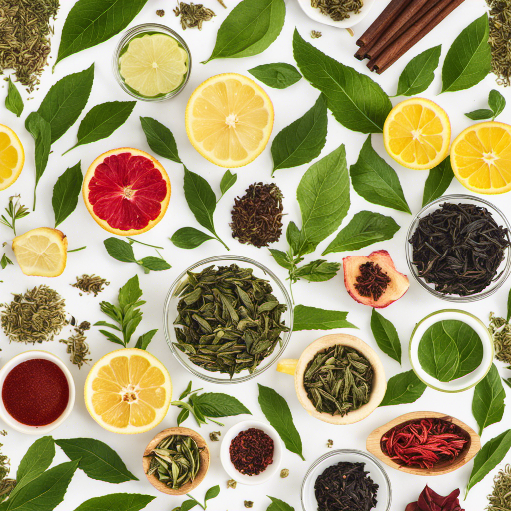 An image showcasing a variety of tea leaves, such as green, black, and white, along with herbs and fruits like ginger, hibiscus, and lemon