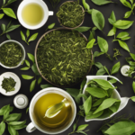 An image showcasing a vibrant, leafy green tea bush surrounded by various tea leaves, such as black, green, oolong, and white, highlighting the diverse range of tea options for brewing kombucha