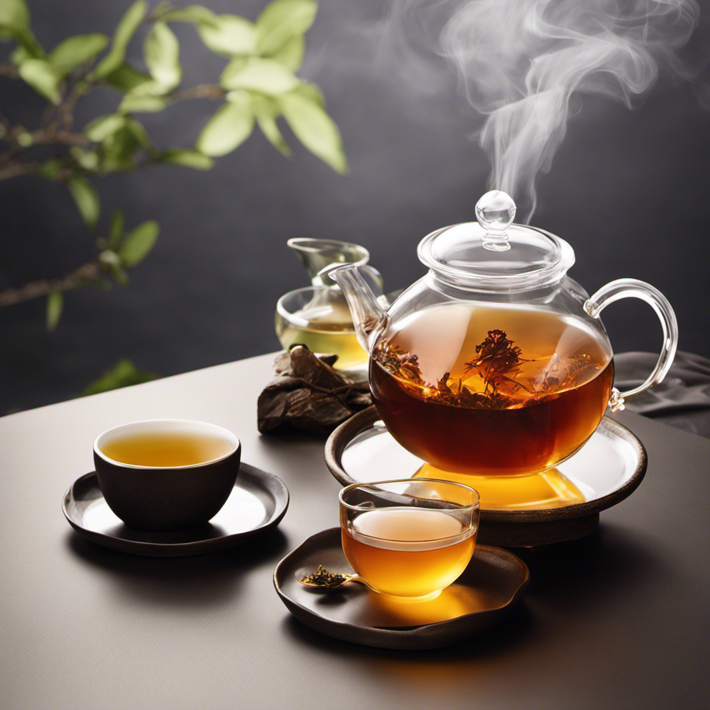 An image showcasing a steaming cup of oolong tea, immersed in a delicate, translucent glass teapot