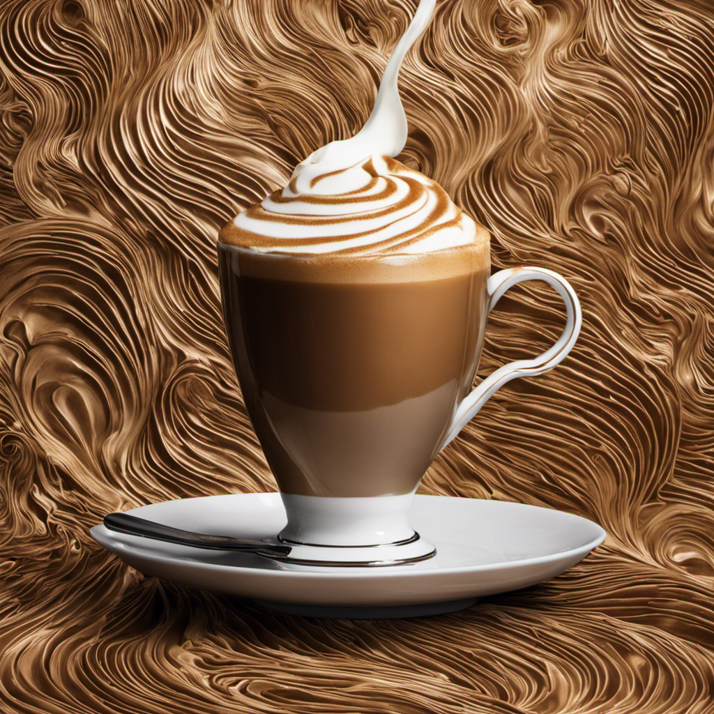 An image that showcases a rich, golden-brown latte being poured into a delicate, porcelain cup