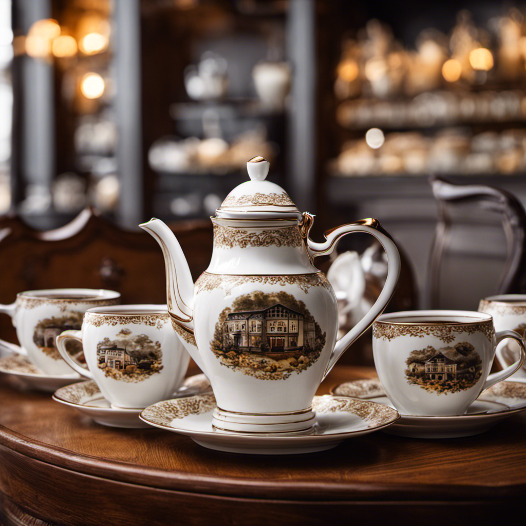 An image showcasing a traditional German coffee house scene: a vintage porcelain coffee pot filled with aromatic, dark-roasted coffee, accompanied by delicate porcelain cups and saucers, adorned with a frothy layer of perfectly steamed milk