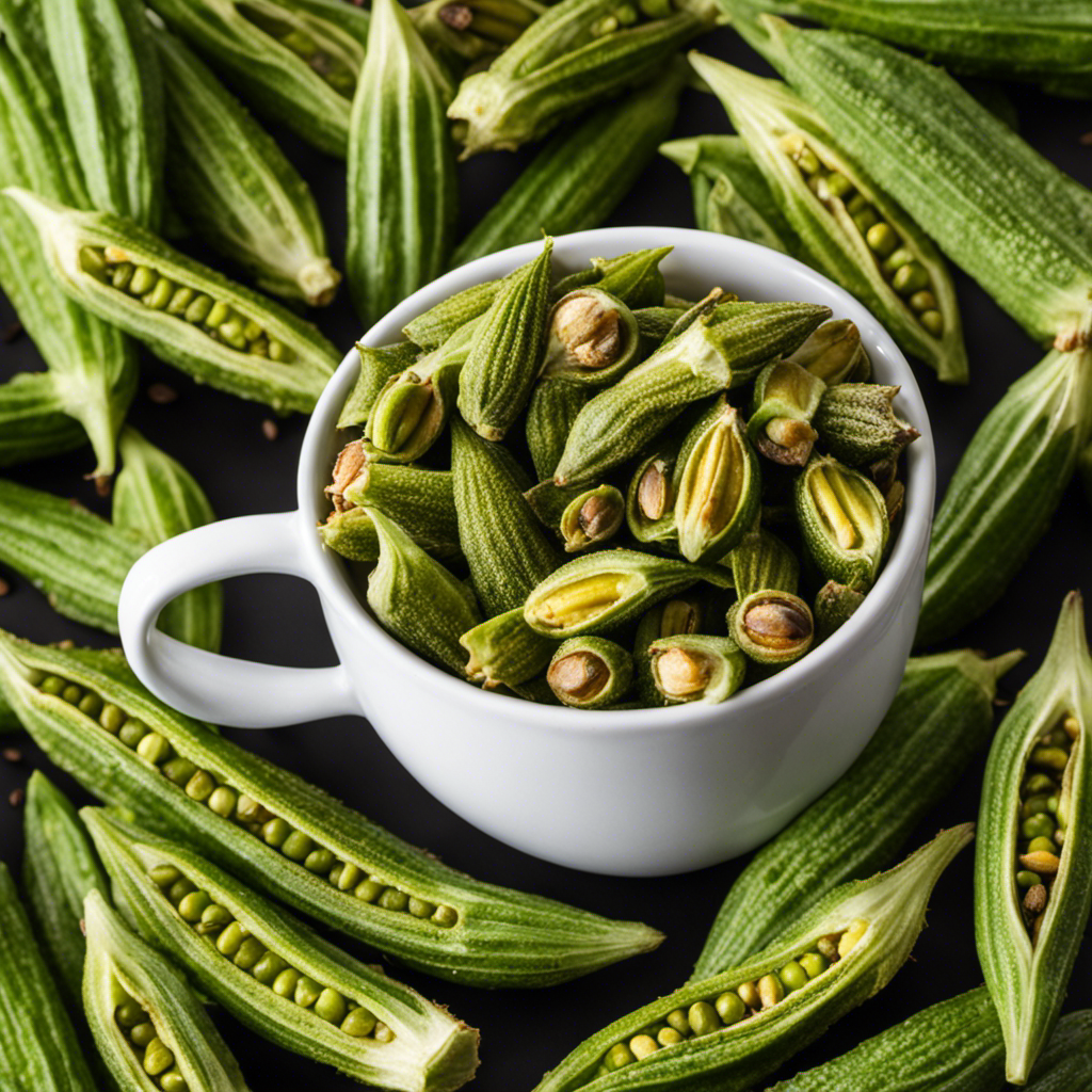 An image showcasing a steaming cup filled with roasted okra seeds, emitting an irresistible aroma