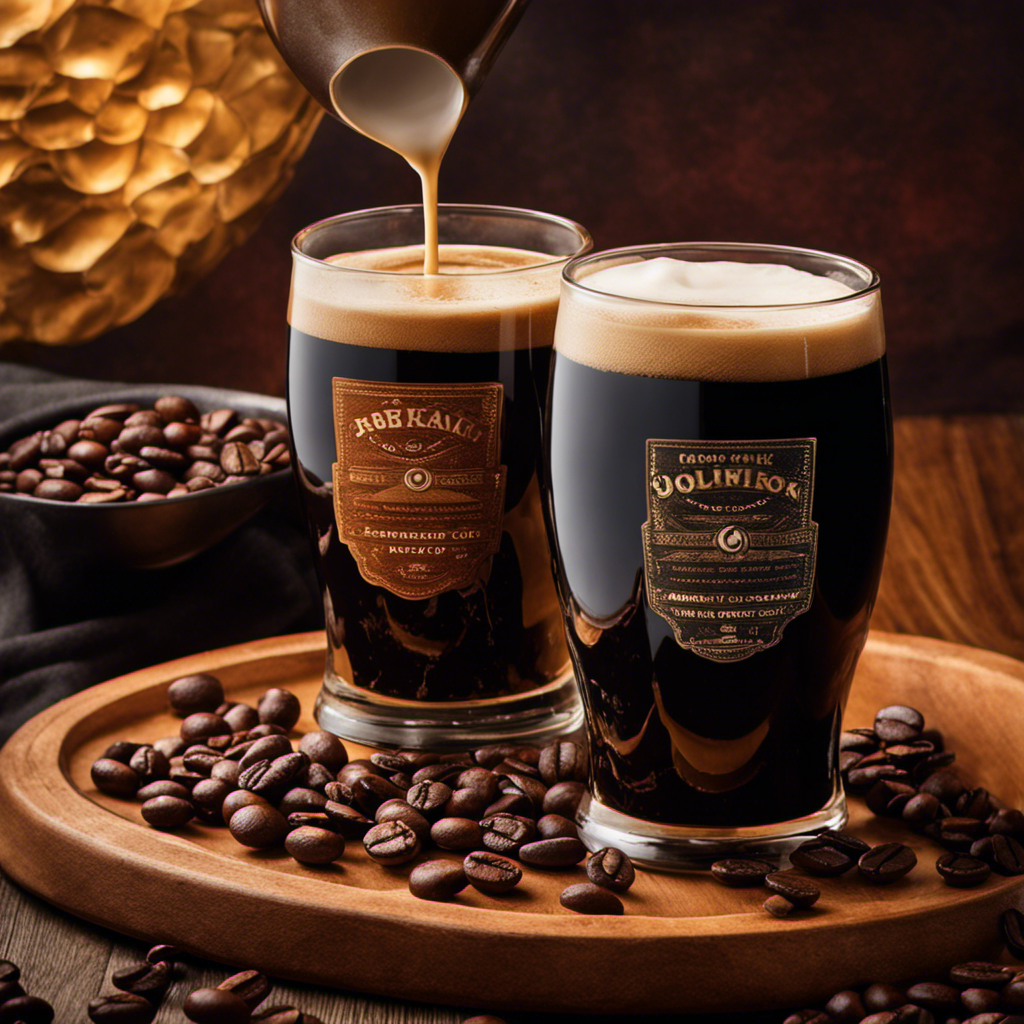 "Capture an image of a rich, dark, and velvety stout pouring into a glass, with the warm hues of roasted coffee beans cascading down