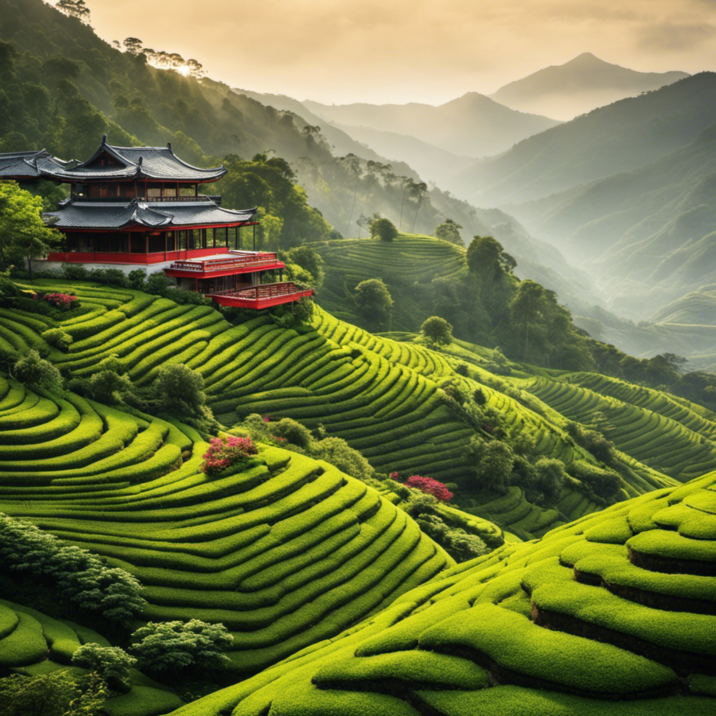 An image showcasing a serene mountainscape with terraced tea plantations cascading down the slopes