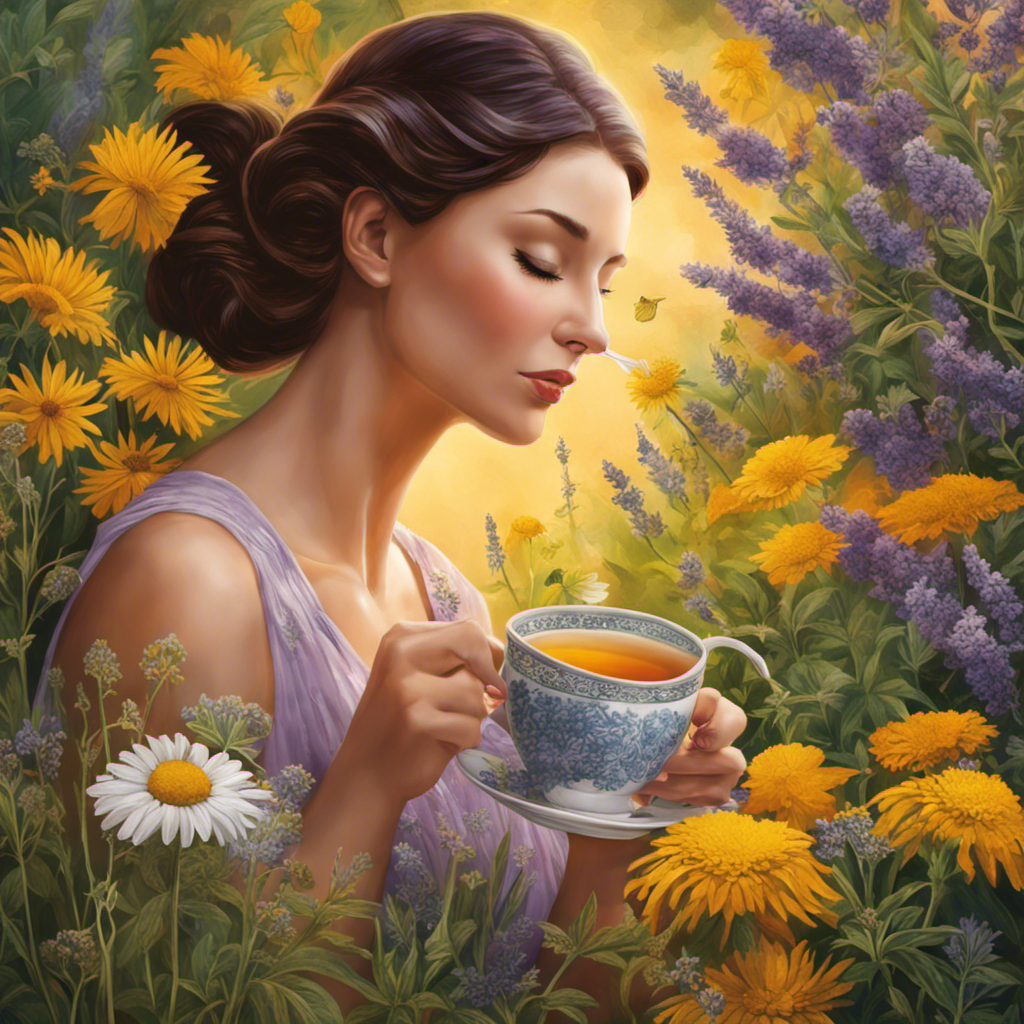 An image featuring a serene woman sipping from a steaming cup of chamomile tea, surrounded by vibrant herbs like lavender, lemon balm, and sage