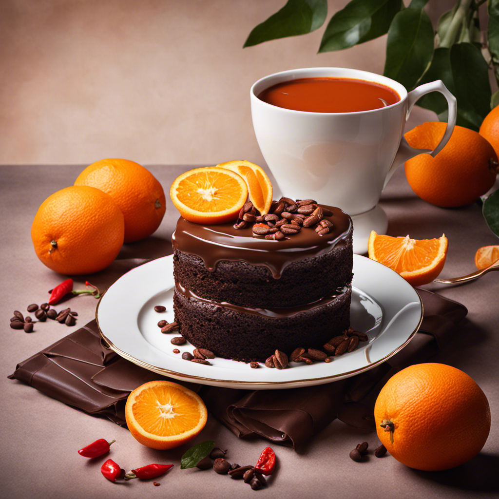 An image featuring a steaming cup of coffee surrounded by a plate of juicy oranges, a bowl of spicy chili, and a slice of rich chocolate cake