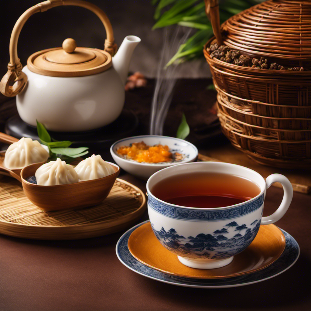 An image showcasing a traditional Chinese teapot pouring a vibrant amber-hued oolong tea into a delicate porcelain cup, accompanied by a plate of steaming dumplings and a beautiful bamboo steam basket, evoking the authentic flavors of Chinese cuisine