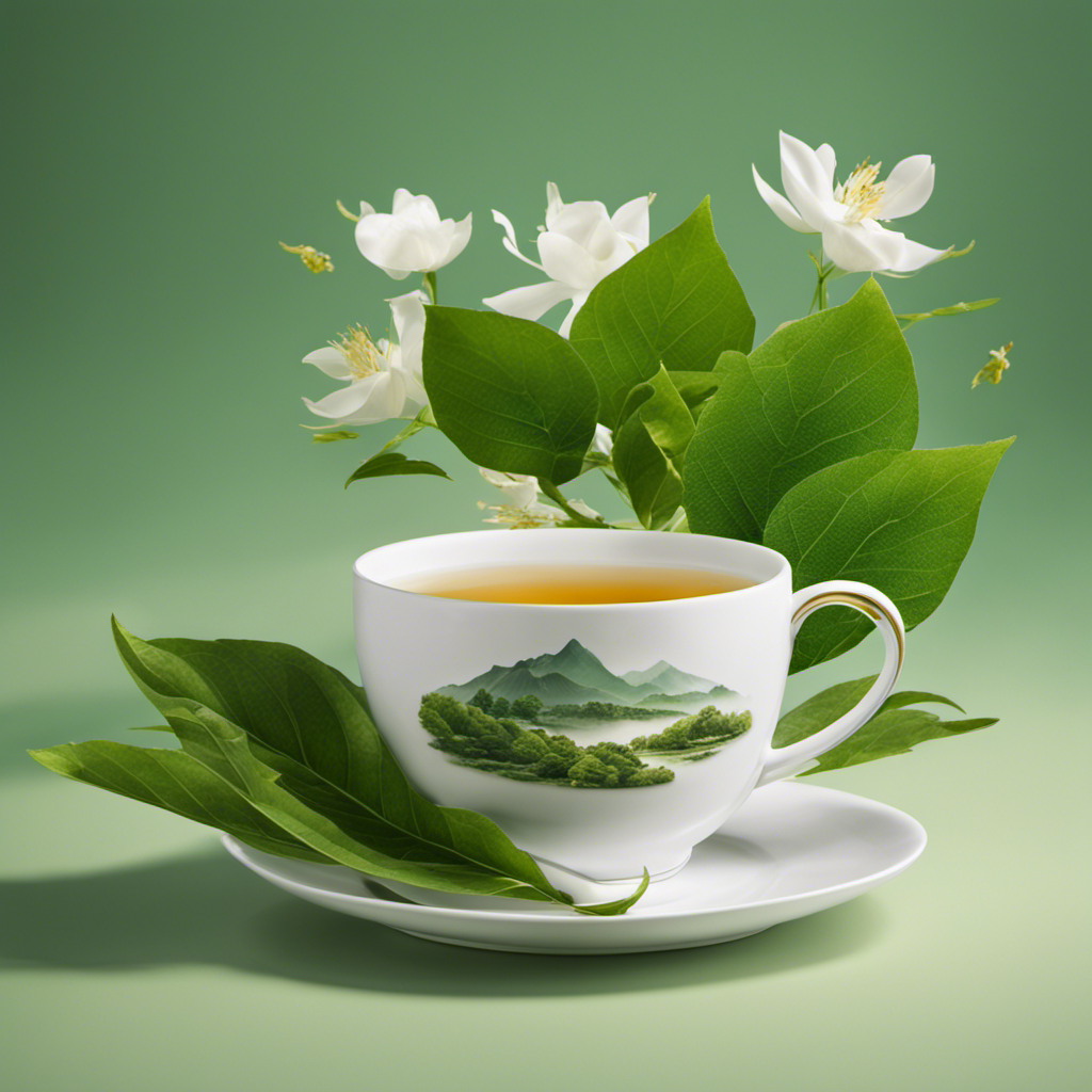 An image showcasing a serene setting with a cup of fragrant oolong tea, surrounded by lush green tea leaves