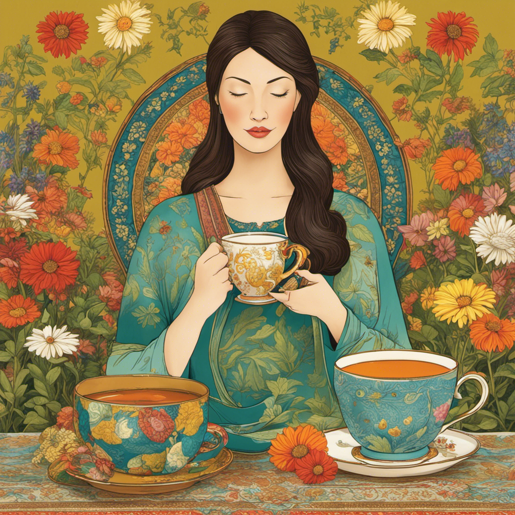 An image featuring a serene, expectant mother sipping a warm cup of herbal tea, surrounded by a variety of colorful mugs filled with soothing alternatives like chamomile, ginger, and decaf green tea