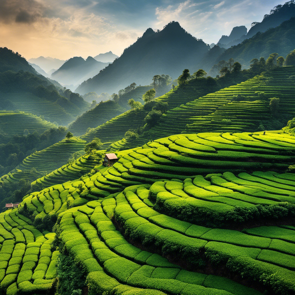 An image showcasing the breathtaking terraced tea fields of the Wuyi Mountains in Fujian Province, China