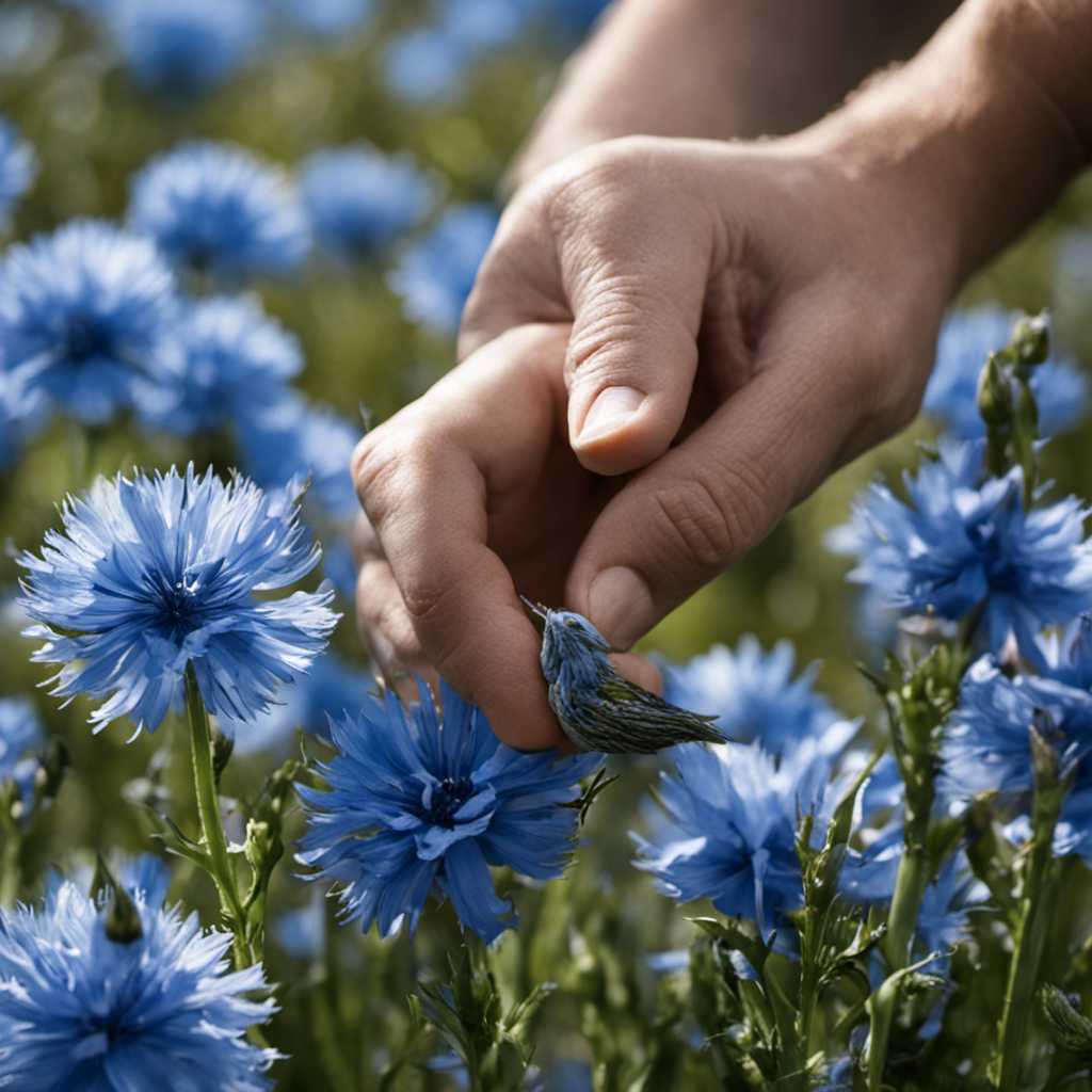 An image showcasing a close-up view of an expert hand delicately plucking the vibrant blue flowers from a chicory plant, revealing the milky white roots that are harvested for the rich and flavorful chicory coffee substitute