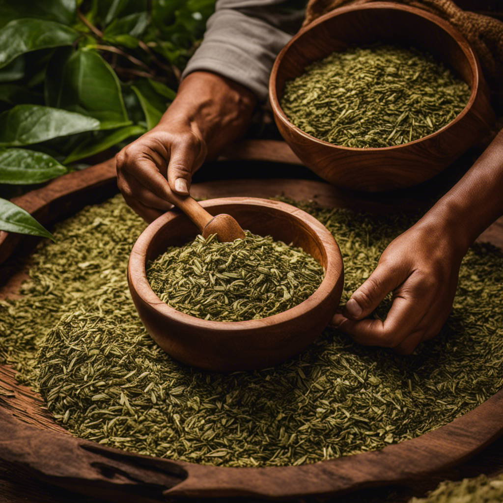 An image showcasing the intricate process of harvesting and preparing Yerba Mate, capturing the skilled hands plucking fresh leaves from the plant, meticulously drying and crushing them, and finally packaging the aromatic blend