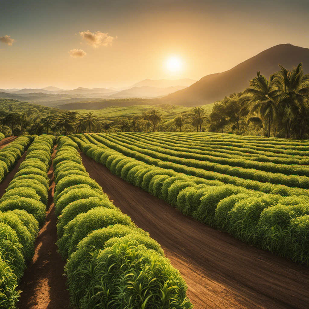 An image showing a lush, sun-drenched landscape with sprawling yerba mate plantations stretching to the horizon