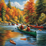 An image featuring a vibrant, picturesque river setting with a canoe and kayak side by side