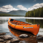 An image showcasing a vibrant orange life jacket, snugly secured with adjustable straps, resting on the seat of a sleek canoe