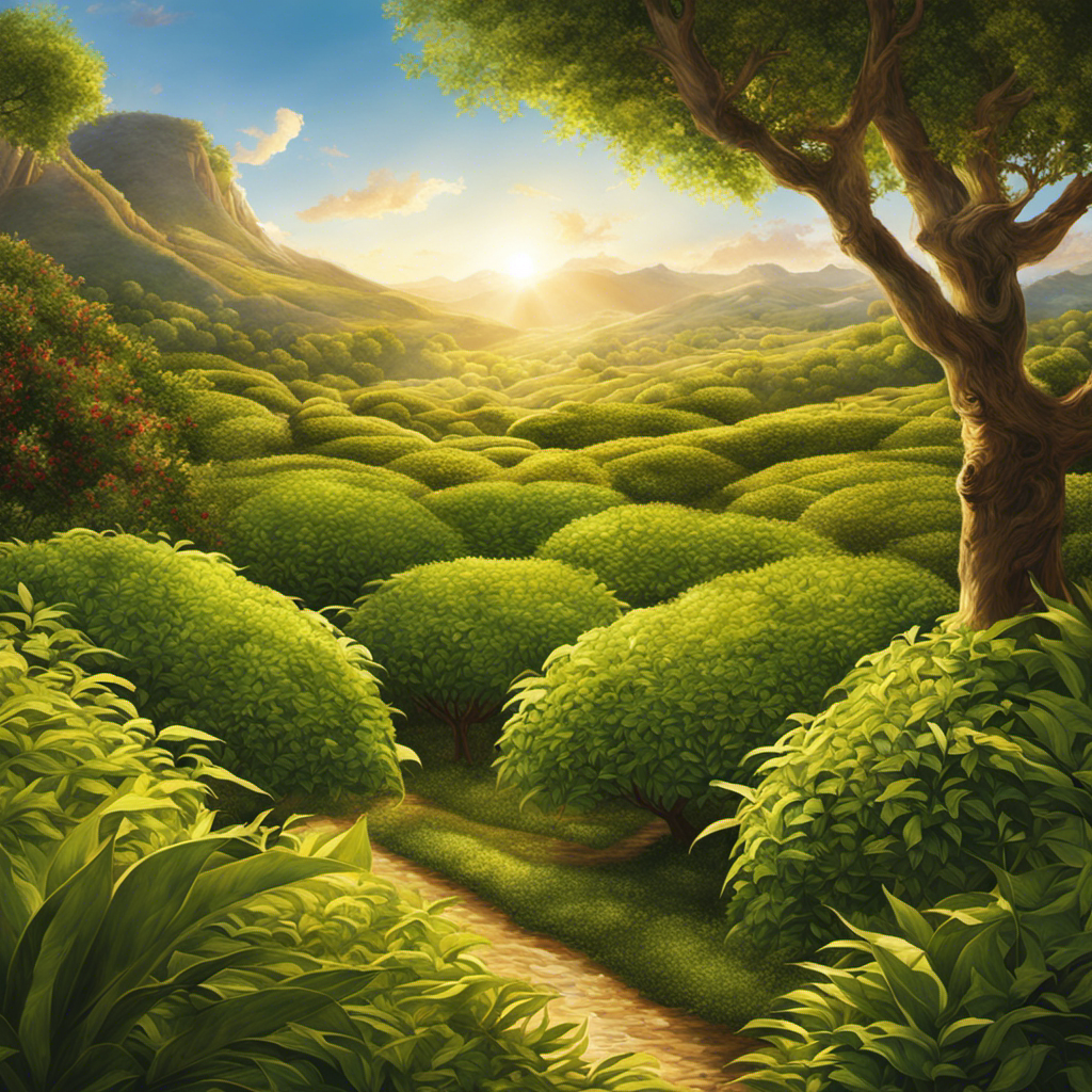 An image capturing the essence of yerba mate: a vibrant, lush scene featuring a sun-drenched landscape with a towering yerba mate plant, its elegant leaves casting dappled shadows on the ground